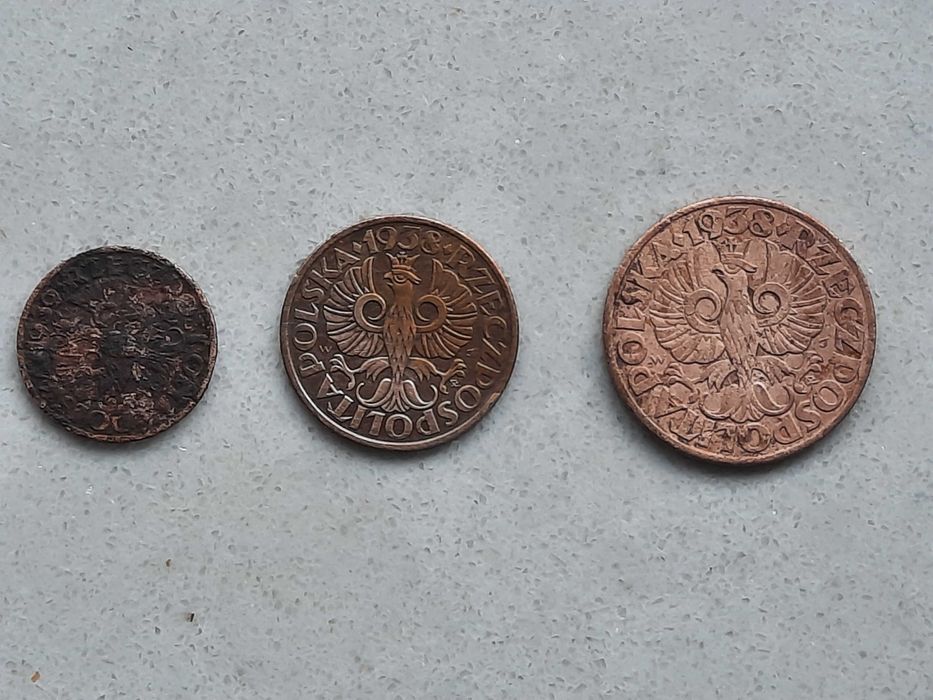 Monety 1 grosz , 2 grosze , 5 groszy 1938 - 1939 , II RP.