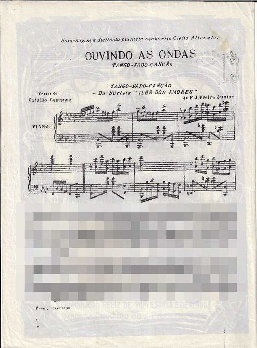 PIANO: Partitura Antiga de Coleção do Tango-Fado-Canção "Ouvindo as Ondas", de F J Freire Jr