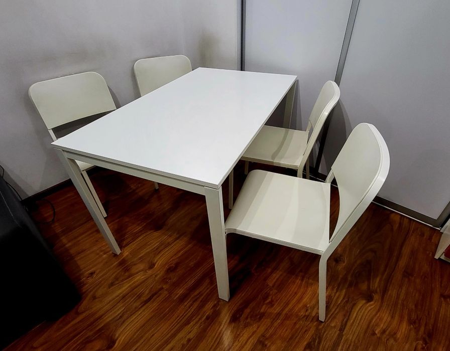 Melltorp, komplet stół + 4 krzesła IKEA, białe