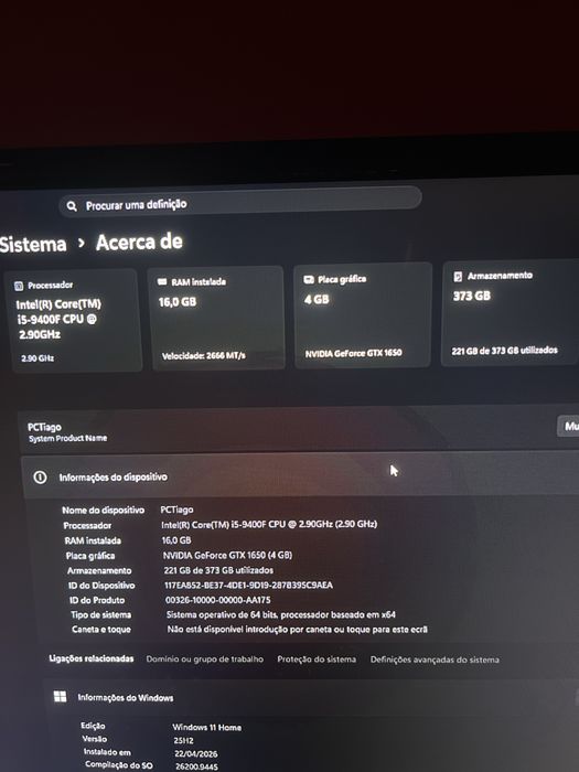 PC Gamer Usado: i5-9400F + GTX 1650 + 16GB RAM