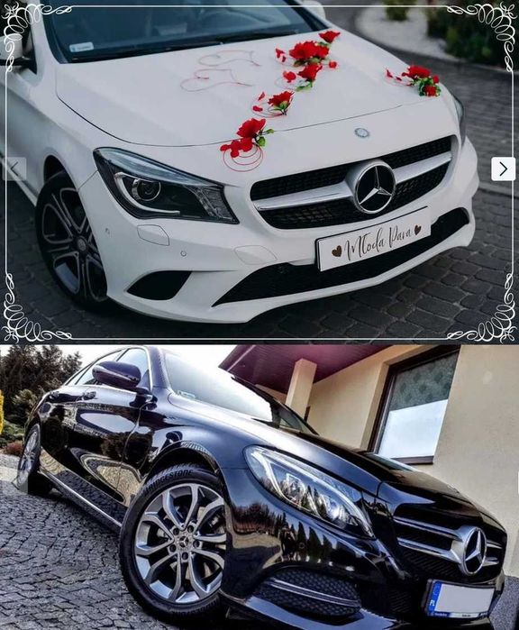 Auta do ślubu. Samochody na ślub. Biały - Mercedes CLA oraz czarny - Mercedes C klasa
