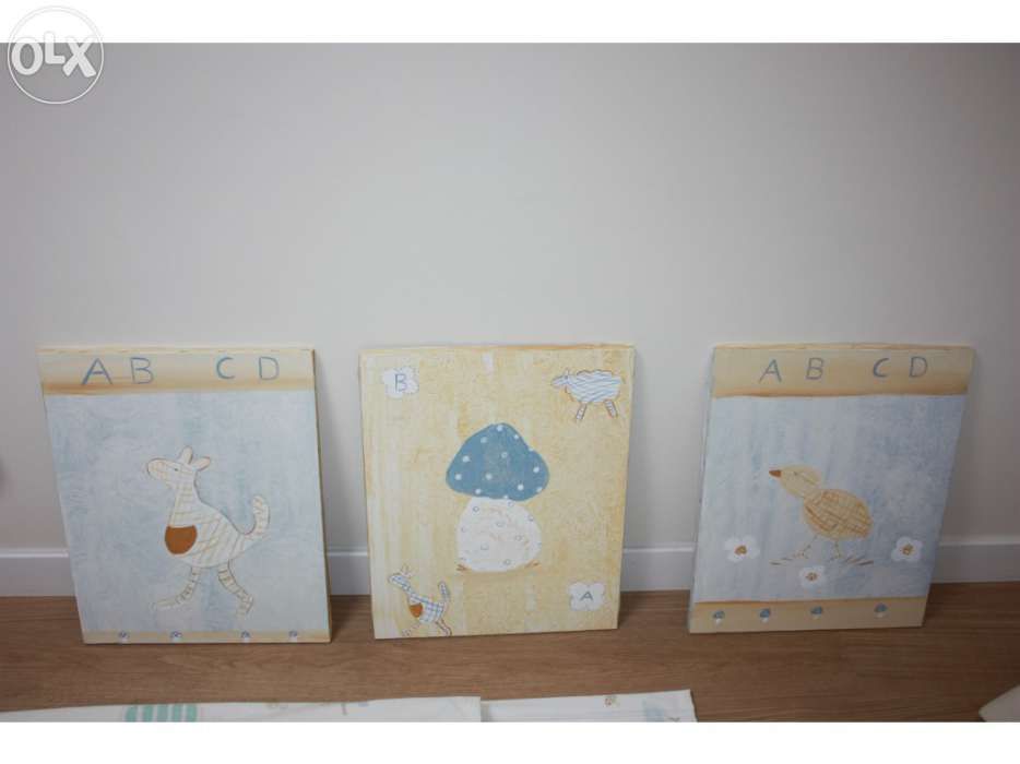 Vendo conjunto criança de cortinados, quadros, candeeiro, abajour e su