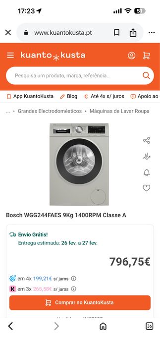 Máquina de Lavar Roupa BOSCH Serie 6 IDOS WGG244FAES  9kg 1400RPM Inox