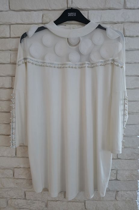 Overchic unikatowa tunika perełki tiul kwiatki 3d plus size 52 54