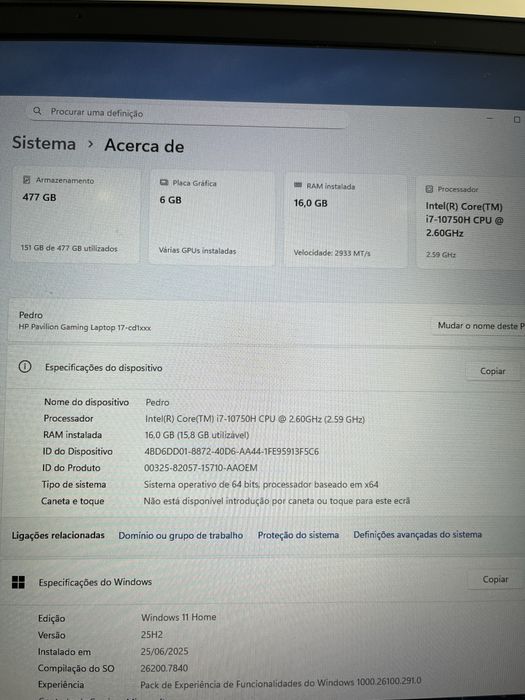 Portatil HP Pavilion Gaming i7 RTX 2060