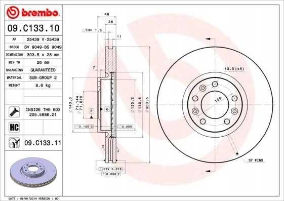 Tarcza hamulcowa przód C4 308 Combo Proace Berlingo Brembo 09.C133.11