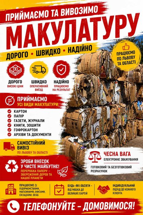Макулатура • Картон • Архіви • Самовивіз • Високі ціни