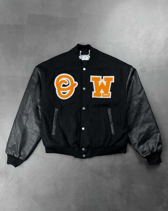 Бомбер Off-White OW Patch Leather Sleeve Varsity Black & Orange
