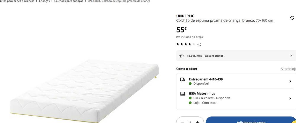 OPORTUNIDADE Ikea SNIGLAR  cama+ UNDERLIG Colchão de espuma p/cama de criança, branco  70x160 cm