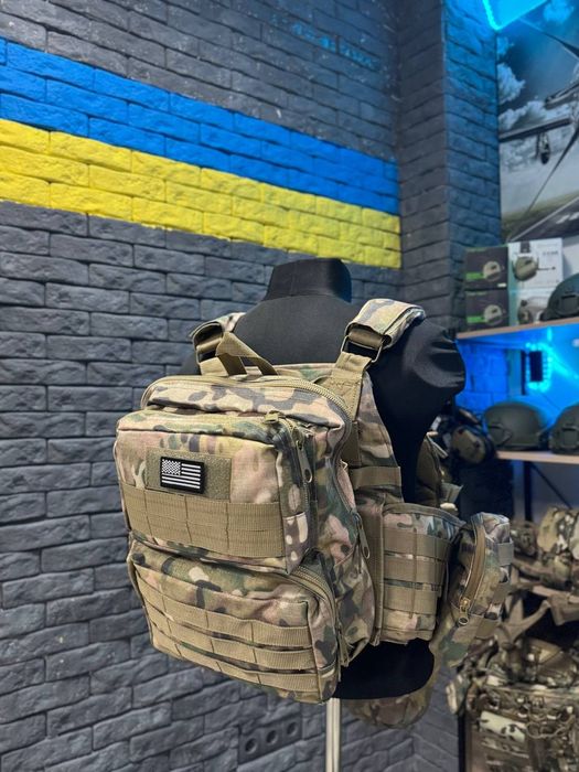 МУЛЬТИКАМ Плитоноска зі швидкоскидом 4 точки + РЮКЗАК + НАПАШНИК + 7 Підсумків / Тактична плитоноска з комплектом підсумків та 4 точки скиду мультикам