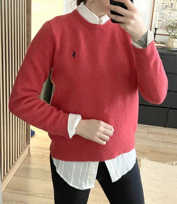 Ralph Lauren wełniany sweter malinowy haftowane logo premium