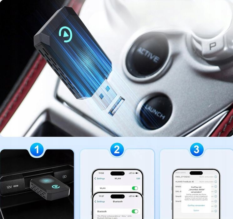 Bezprzewodowy Adapter CarPlay Android Auto Bluetooth WiFi USB-C USB-A