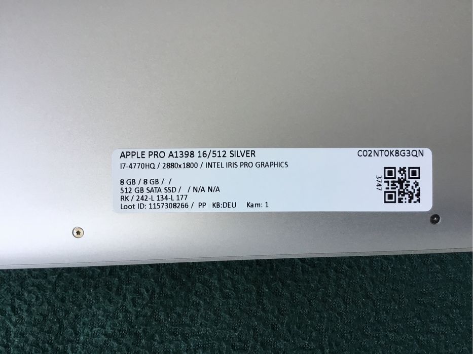 Apple MacBook PRO 15" 16/512 GB  A1398 + GRATIS mysz optyczna