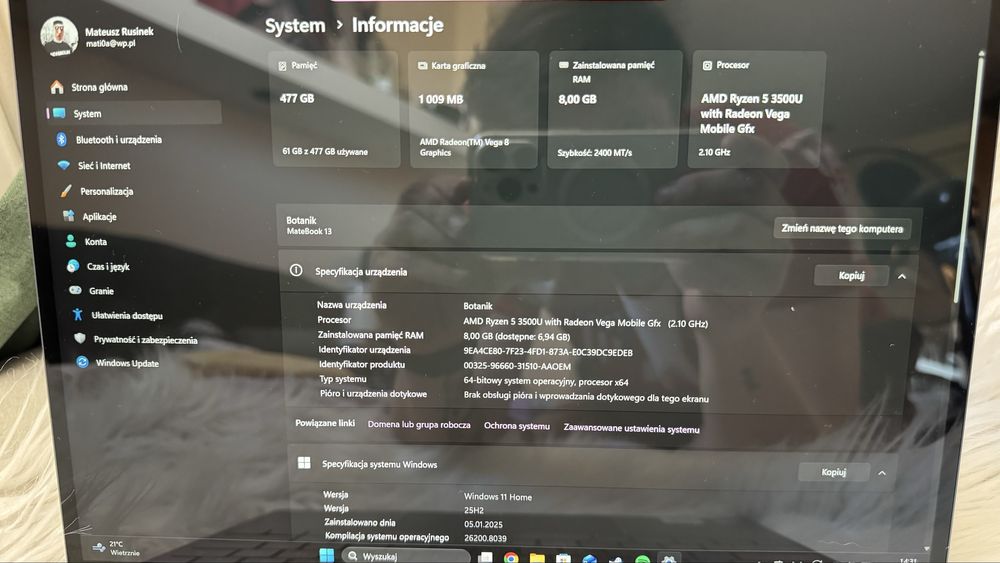 LAPTOP HUAWEI MATEBOOK 13”/2k/RYZEN 5/IGŁA