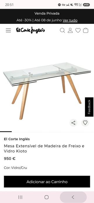 Mesa de Jantar Extensível — Tampo de Vidro e Pernas em Madeira de Nogueira