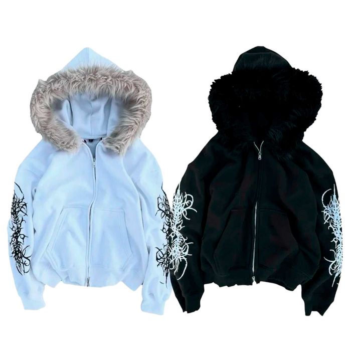 Y2K Zip up hoodie fur grey Серое Зип-худи с мехом: 2 100 грн