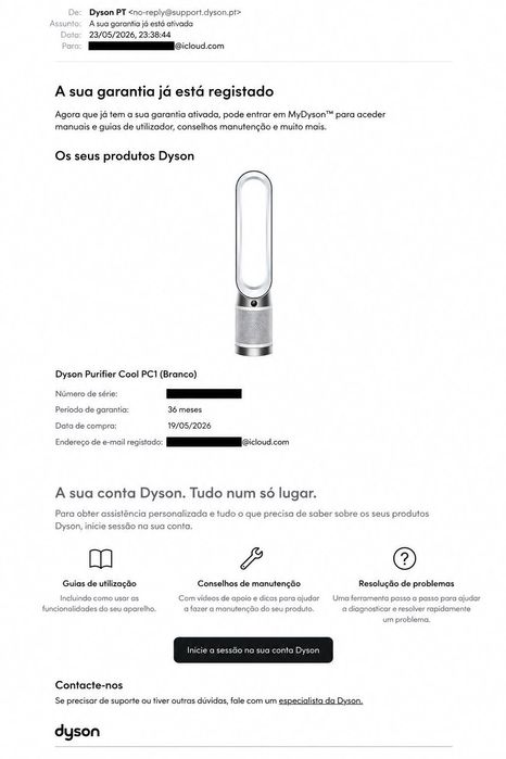 Dyson Purifier Cool PC1 Branco – Como Novo + Garantia