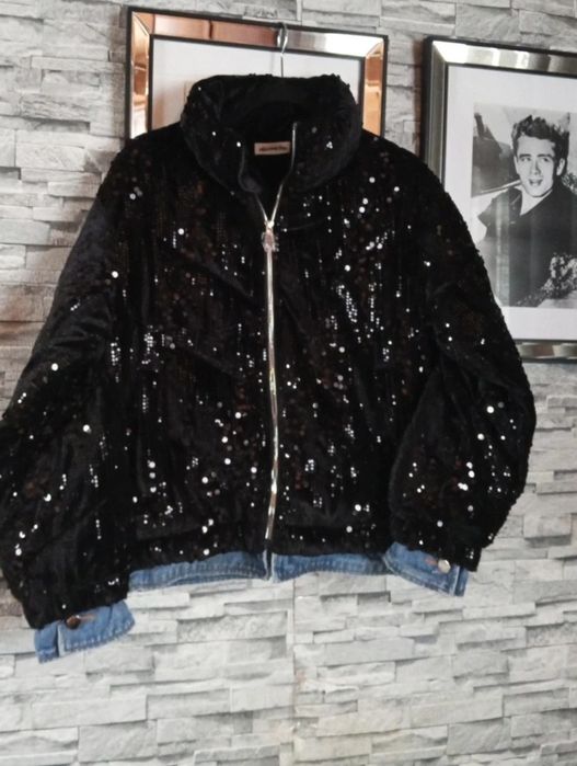 Kurtka ciepła zimowa  cekiny welurowa czarna wstawki jeans m L xl