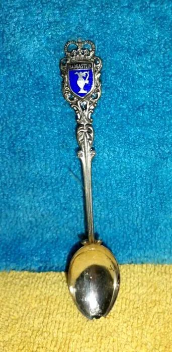 Colher antiga em prata de lei com esmalte azul Badgastein