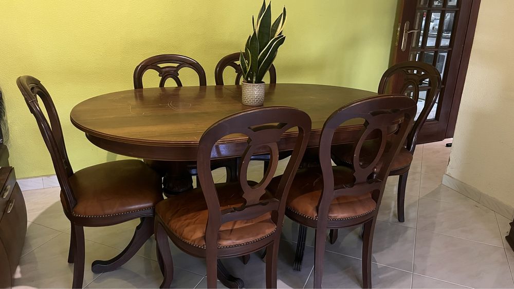 Mesa de jantar extensível em madeira maciça + 6 cadeiras - Apenas para recolha