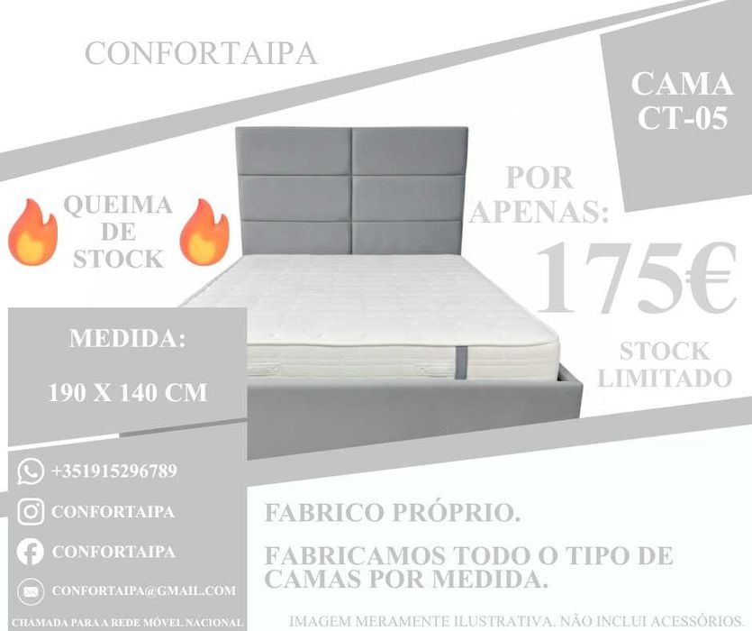 Cama de Casal Estofada - 190x140cm - Promoção Queima de Stock