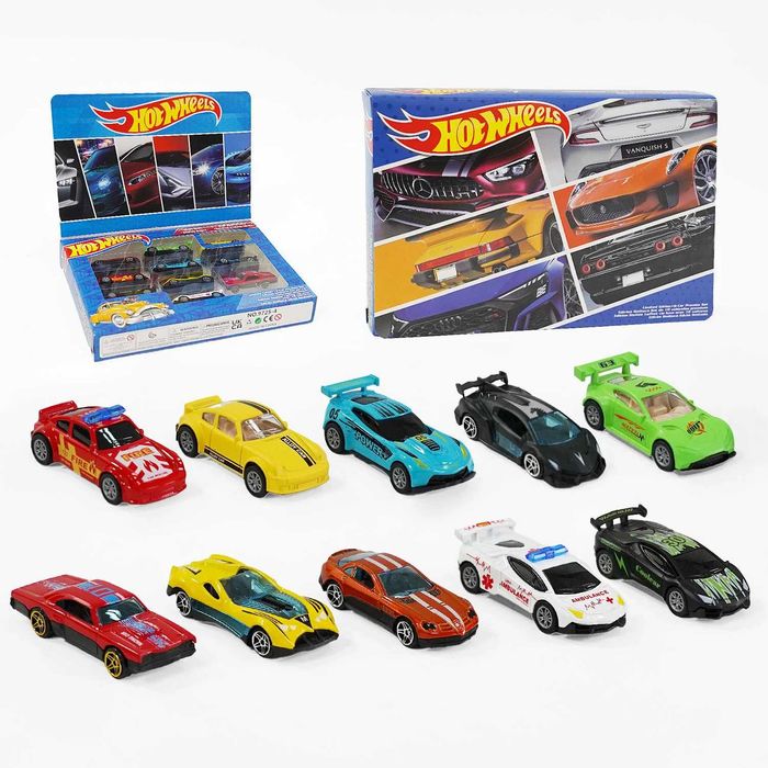 Набір машинок, 10 штук у коробці, 2 види (металопластикові, інерційні)