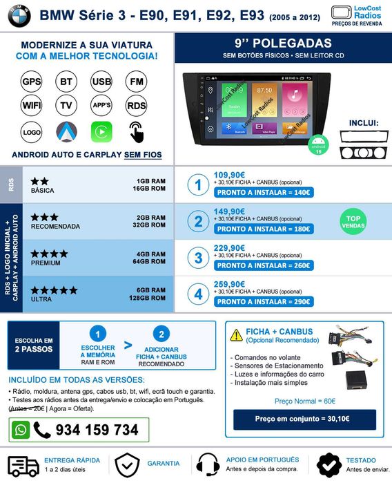 Rádio GPS Multimédia ANDROID 15 BMW E90, E91, E92 e E93 • 9 Polegadas | CARPLAY • ANDROID AUTO
