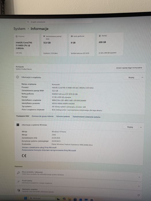 Komputer gamingowy w świetnym stanie, GTX 1070, 32gb ramu, intel core i5 8gen