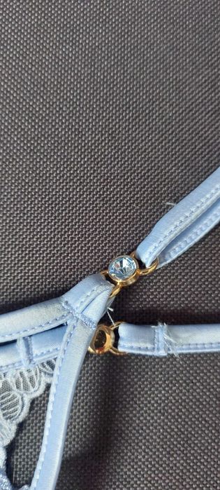 Komplet stanik prześwitujący stringi niebieski brokat 85E XL NOWY!!