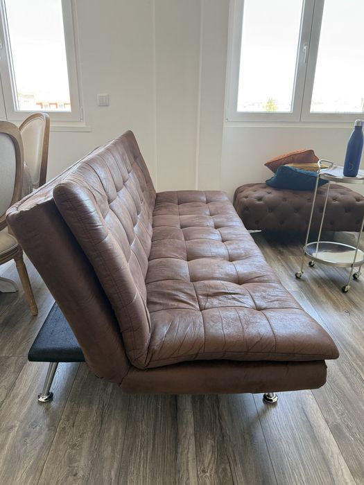 Sofá-Cama de 3 Lugares em Pele Sintética Castanha (Estilo Vintage)