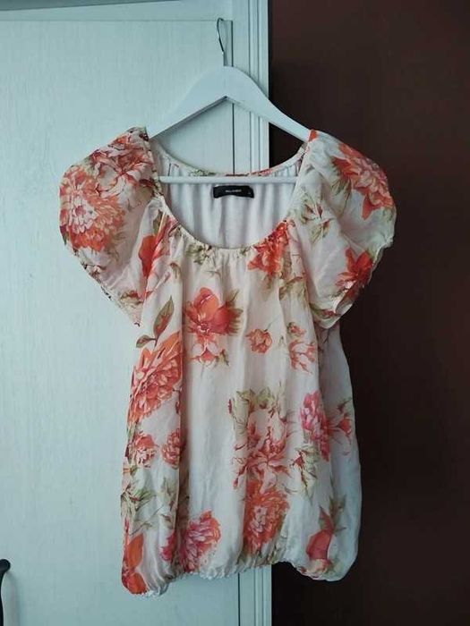 Hallhuber bluzka w kwiaty wzór off shoulder 100% jedwab dobry skład