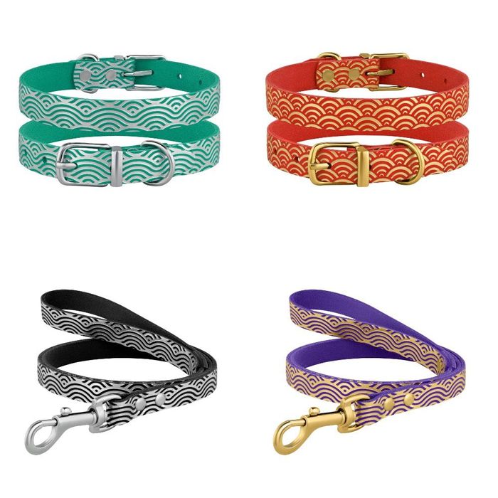 Нашийник та Повідець для Собак Срібло та Золото Шкіряний Ошейник Термо