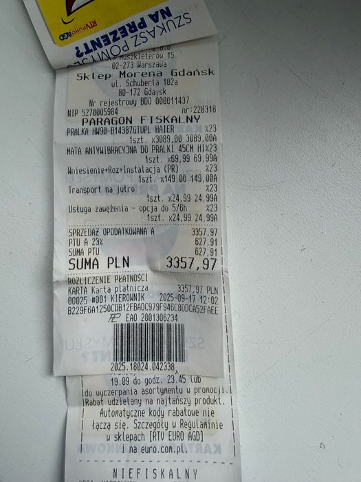 Pralka Haier Model : HW90-B14387GTU1 Gwarancja do 17.09.2027r.