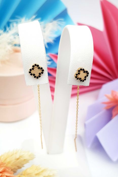 Złote przeciągane kolczyki koniczyny z czarnymi cyrkoniami pr. 585