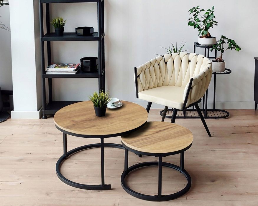 Dekoracja wnętrza zestaw stolików loft craft dąb metalowy