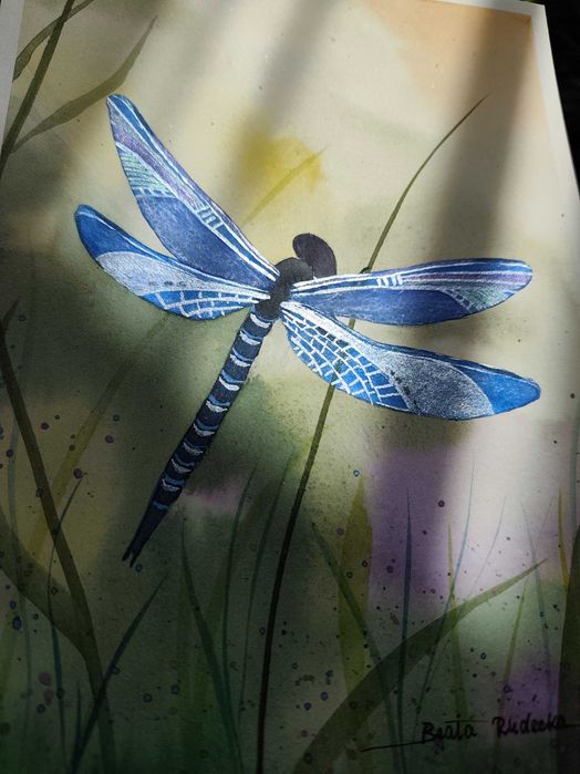 Oryginalny Obraz Akwarela – Niebieska Ważka (Rękodzieło) | 19x26 cm