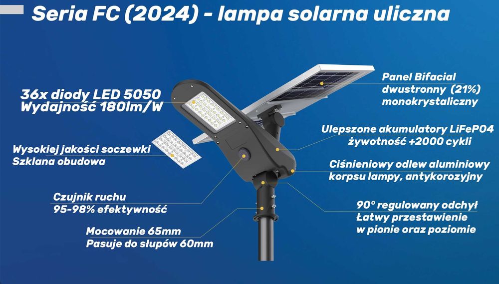 Lampa solarna uliczna Sanko FC-40 6000K LED 40W 7200lm LiFePO4 24Ah