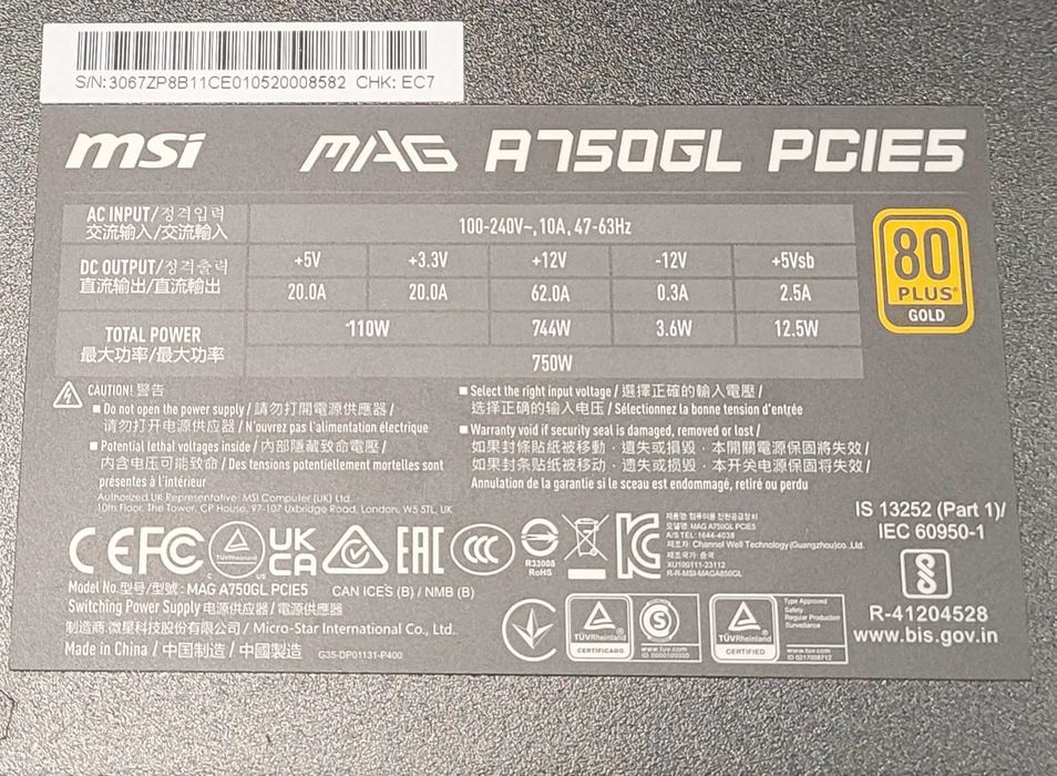 MSI MAG A750GL PCIE5 750W 80 PLUS Gold Modular 1 semana de uso
