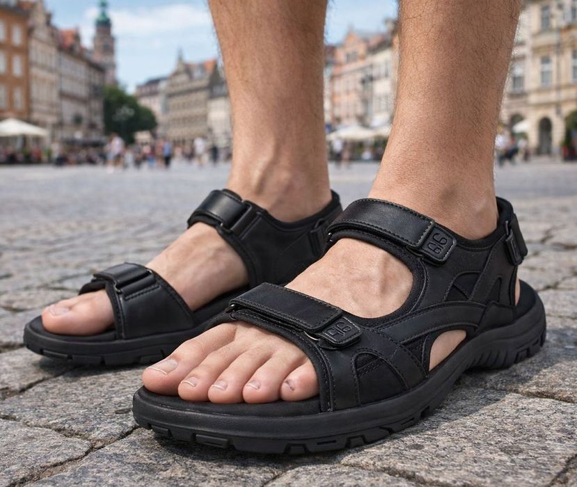 Sandały męskie skórzane CY145 czarne na rzepy rozmiar: 42