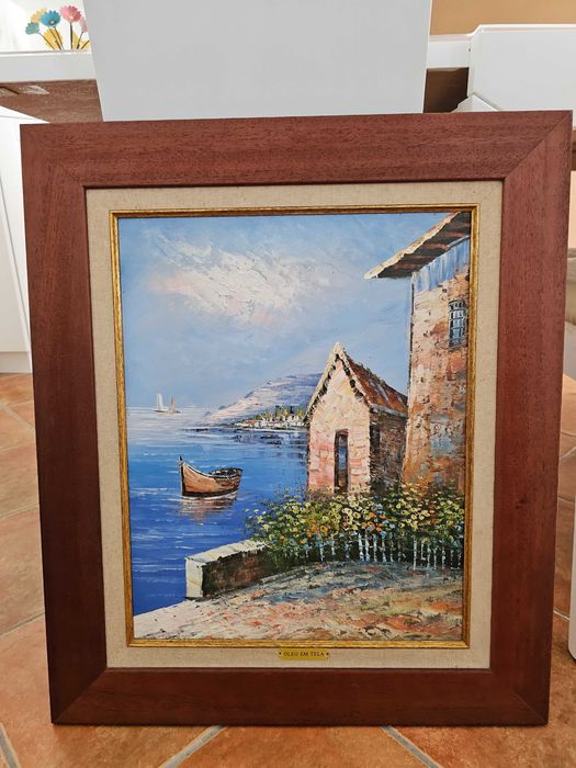 Pintura a Óleo sobre Tela – Paisagem Marítima com Barco – 69x59 cm