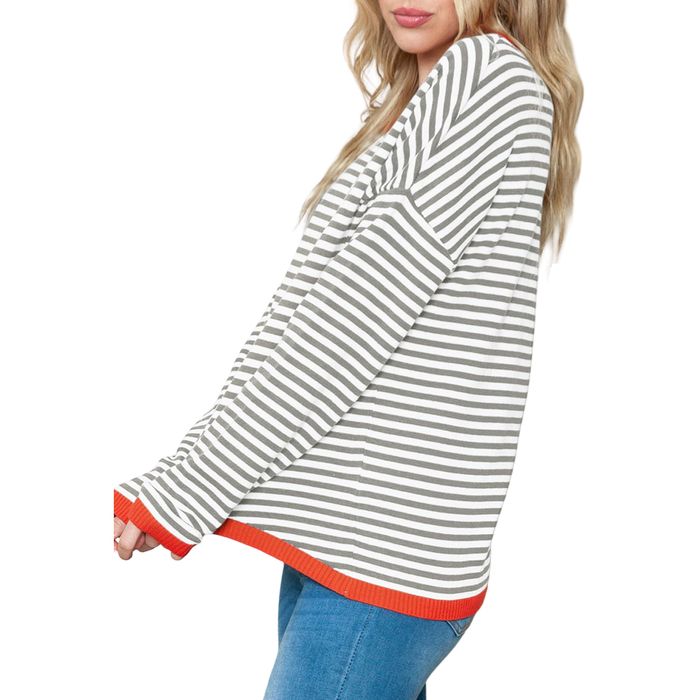 Sweter damski w paski - 100% bawełna - M, szaro-biały