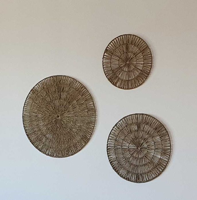 3 discos de decoração de parede em rattan natural
