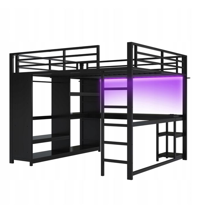 Łóżko gamingowe 160x200 z biurkiem, szafą, LED, czarne