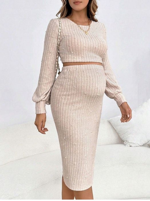 Komplet ciążowy prążkowany top spódnica z perełkami  S/M