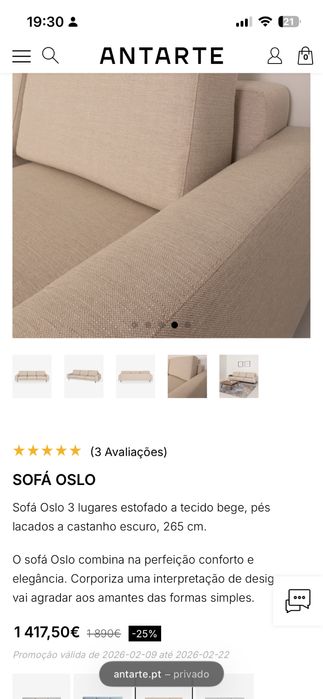 Sofa Oslo Bege Antarte - 3 Lugares