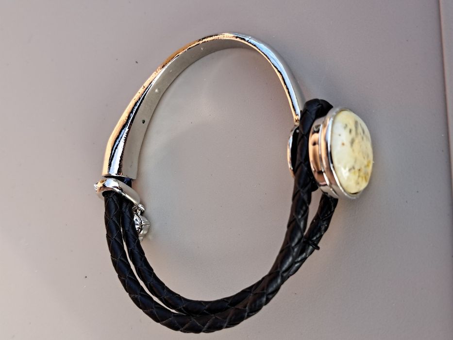 Bransoletka naturalny kredowy bursztyn bałtycki stał, ekoskórka