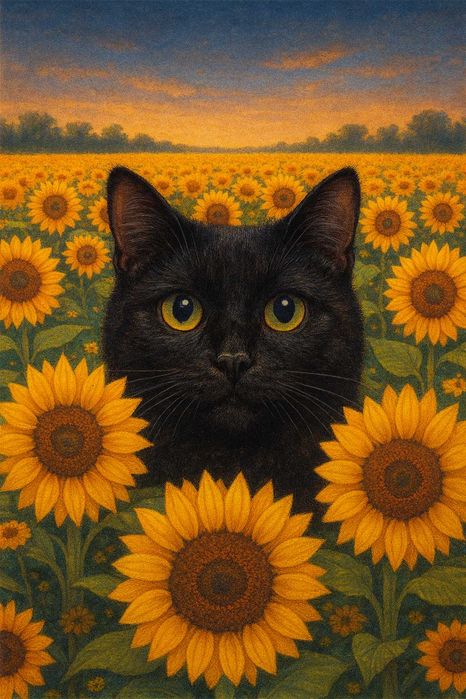 Poster Gato preto no campo de girassóis