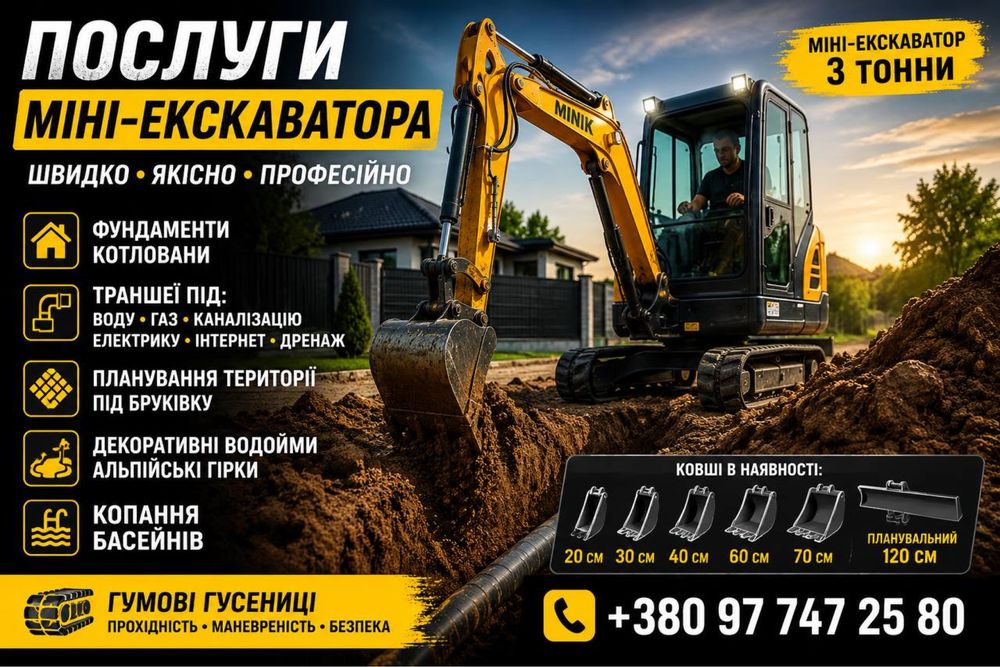 Послуги міні екскаватора, оренда трактора