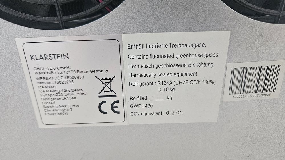 Klarstein Powericer ECO 3 kostkarka do lodu – kostkarka do lodu, 40 kg/24 h, 450 W uszkodzona