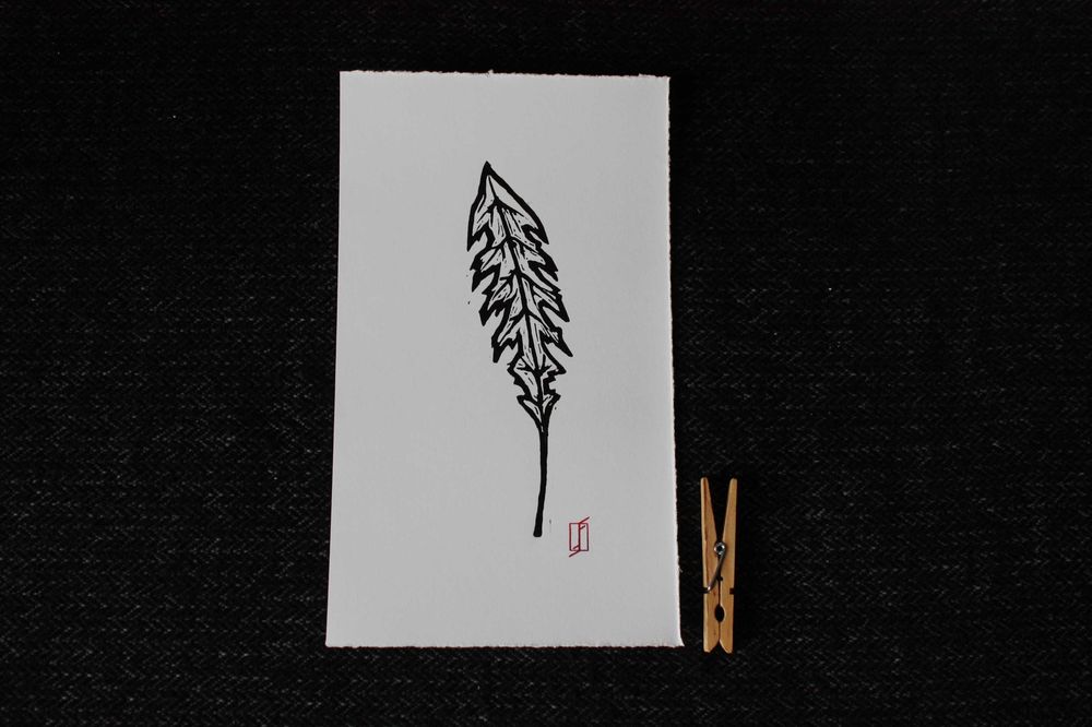 Linoryt, grafika artystyczna / warsztatowa – Liść mniszka no. 1